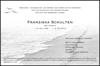 Anzeige von Franziska Schulten von Kölner Stadt-Anzeiger / Kölnische Rundschau / Express
