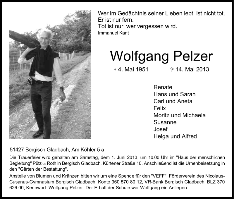  Traueranzeige für Wolfgang Pelzer vom 25.05.2013 aus Kölner Stadt-Anzeiger / Kölnische Rundschau / Express