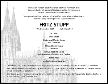 Anzeige von Friedrich Stupp von Kölner Stadt-Anzeiger / Kölnische Rundschau / Express