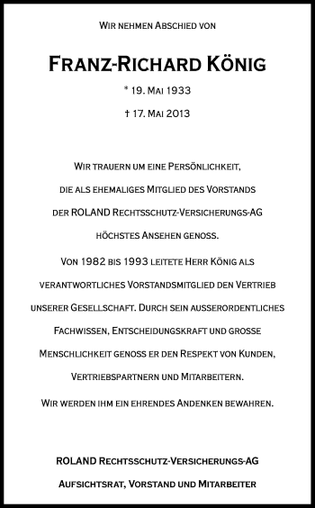 Anzeige von Franz-Richard König von Kölner Stadt-Anzeiger / Kölnische Rundschau / Express