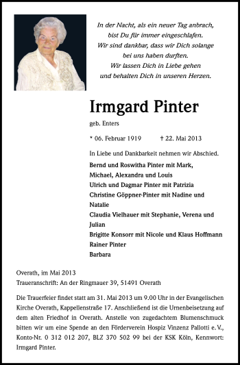Anzeige von Irmgard Pinter von Kölner Stadt-Anzeiger / Kölnische Rundschau / Express
