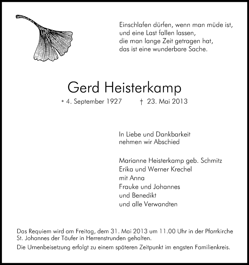  Traueranzeige für Gerd Heisterkamp vom 25.05.2013 aus Kölner Stadt-Anzeiger / Kölnische Rundschau / Express