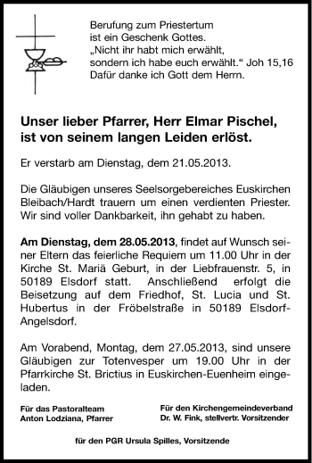 Anzeige von Elmar Pischel von Kölner Stadt-Anzeiger / Kölnische Rundschau / Express