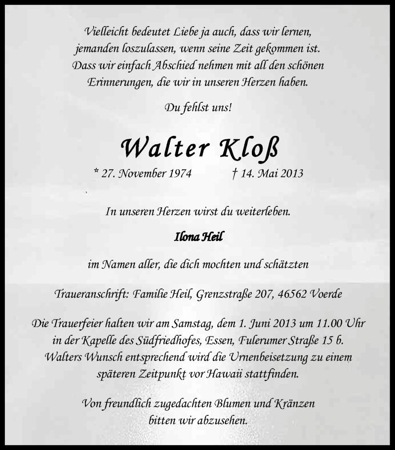  Traueranzeige für Walter Kloß vom 25.05.2013 aus Kölner Stadt-Anzeiger / Kölnische Rundschau / Express