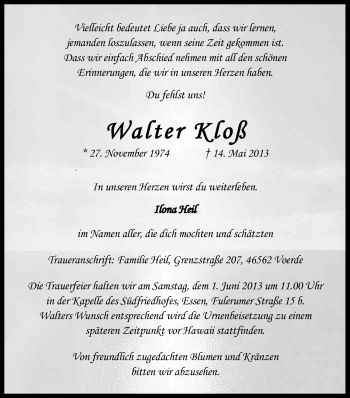 Anzeige von Walter Kloß von Kölner Stadt-Anzeiger / Kölnische Rundschau / Express