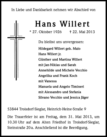 Anzeige von Hans Willert von Kölner Stadt-Anzeiger / Kölnische Rundschau / Express