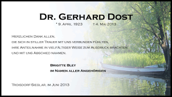 Anzeige von Gerhard Dost von Kölner Stadt-Anzeiger / Kölnische Rundschau / Express