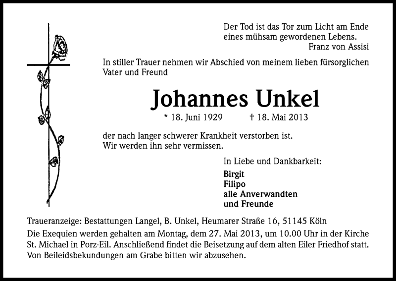  Traueranzeige für Johannes Unkel vom 25.05.2013 aus Kölner Stadt-Anzeiger / Kölnische Rundschau / Express
