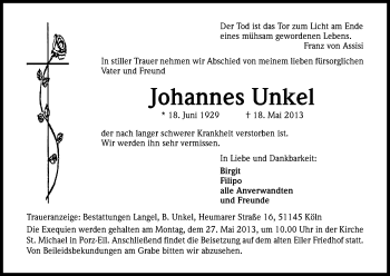 Anzeige von Johannes Unkel von Kölner Stadt-Anzeiger / Kölnische Rundschau / Express