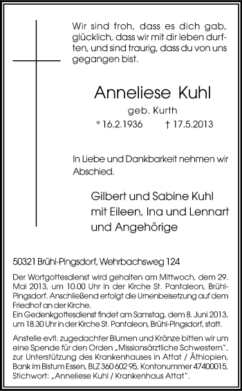 Anzeige von Anneliese Kuhl von Kölner Stadt-Anzeiger / Kölnische Rundschau / Express