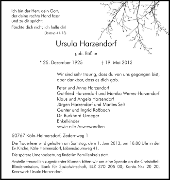 Anzeige von Ursula Harzendorf von Kölner Stadt-Anzeiger / Kölnische Rundschau / Express