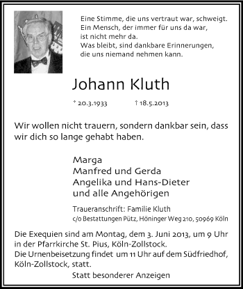 Anzeige von Johann Kluth von Kölner Stadt-Anzeiger / Kölnische Rundschau / Express