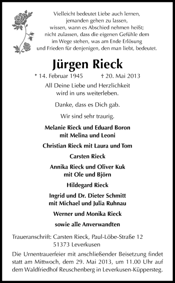 Anzeige von Jürgen Rieck von Kölner Stadt-Anzeiger / Kölnische Rundschau / Express