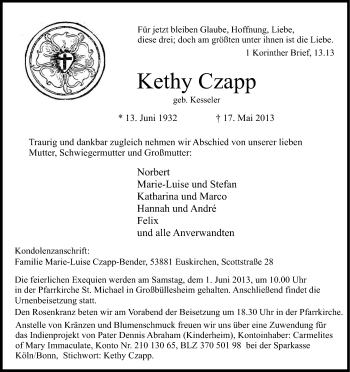 Anzeige von Kethy Czapp von Kölner Stadt-Anzeiger / Kölnische Rundschau / Express
