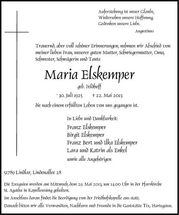 Anzeige von Maria Elskemper von Kölner Stadt-Anzeiger / Kölnische Rundschau / Express