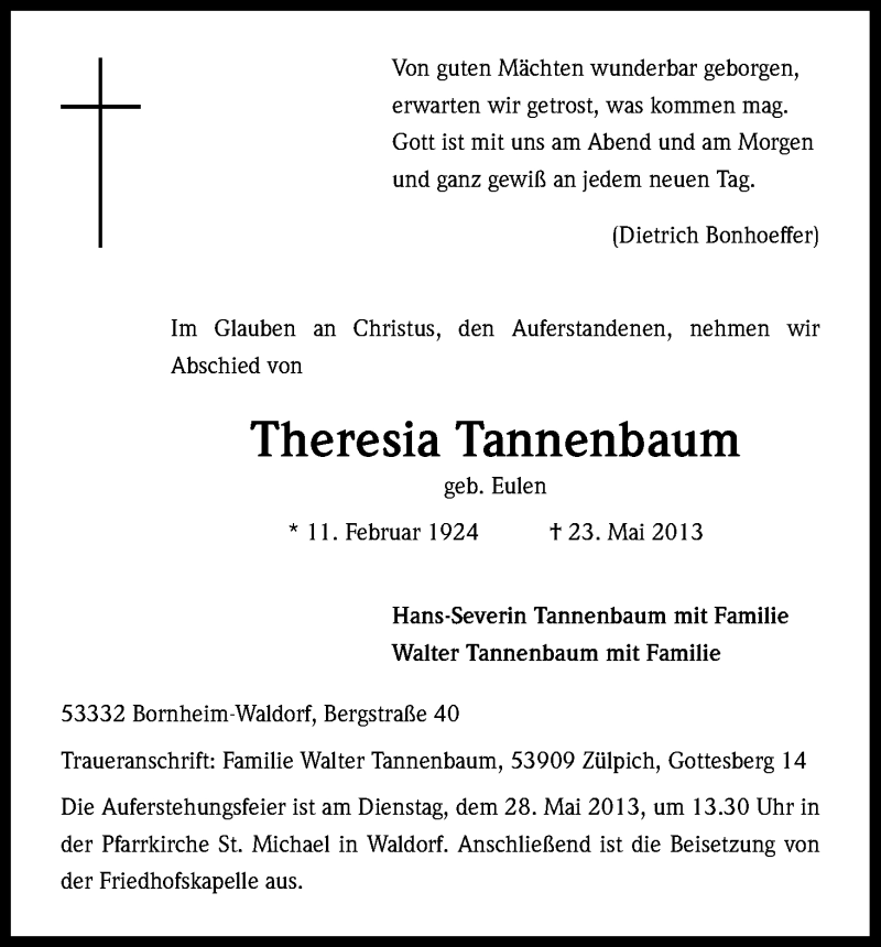  Traueranzeige für Theresia Tannenbaum vom 25.05.2013 aus Kölner Stadt-Anzeiger / Kölnische Rundschau / Express