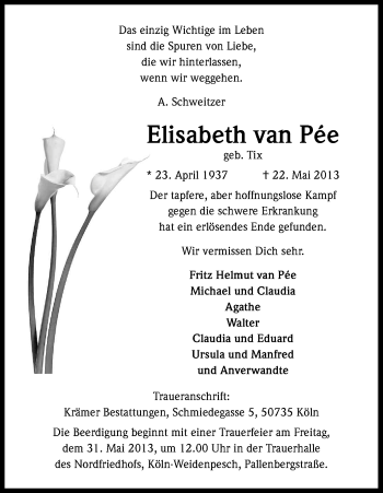 Anzeige von Elisabeth van Pee von Kölner Stadt-Anzeiger / Kölnische Rundschau / Express