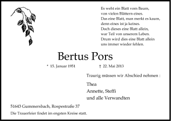 Anzeige von Bertus Pors von Kölner Stadt-Anzeiger / Kölnische Rundschau / Express