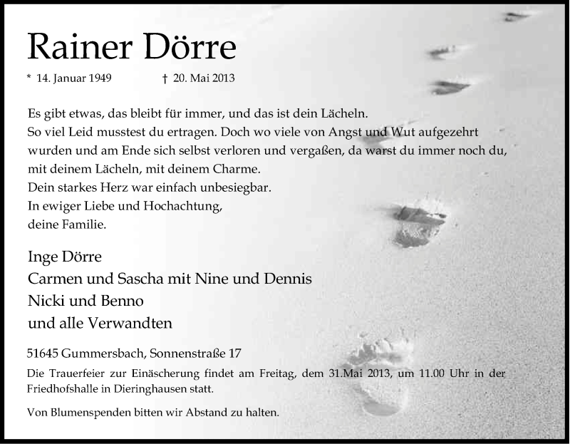  Traueranzeige für Rainer Dörre vom 25.05.2013 aus Kölner Stadt-Anzeiger / Kölnische Rundschau / Express