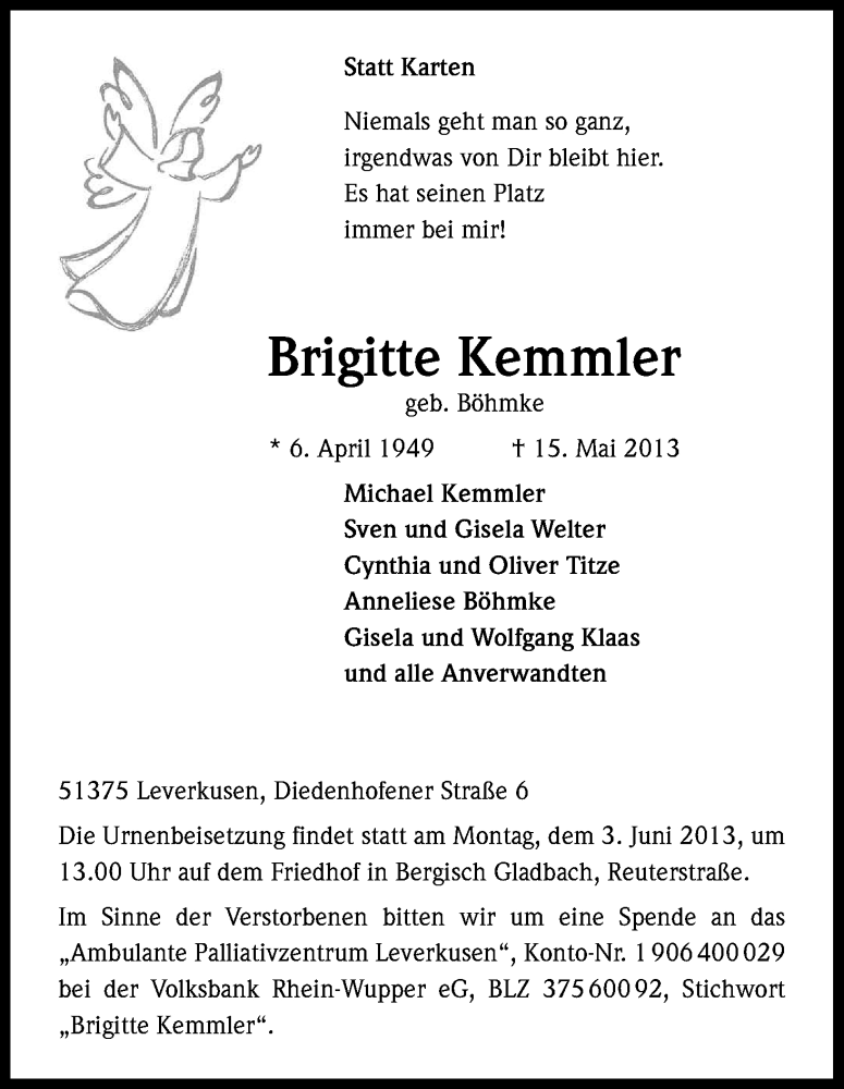  Traueranzeige für Brigitte Kemmler vom 27.05.2013 aus Kölner Stadt-Anzeiger / Kölnische Rundschau / Express