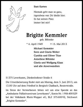 Anzeige von Brigitte Kemmler von Kölner Stadt-Anzeiger / Kölnische Rundschau / Express