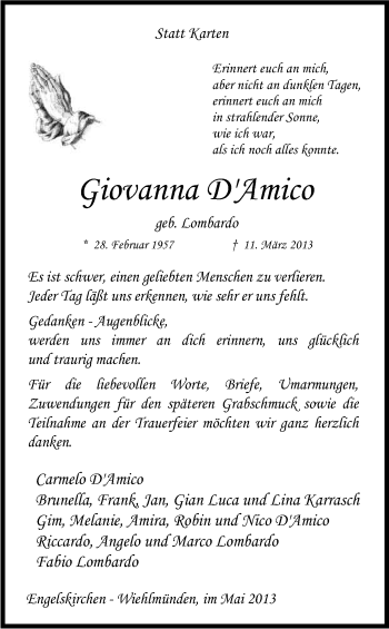 Anzeige von Giovanna D'Amico von Kölner Stadt-Anzeiger / Kölnische Rundschau / Express