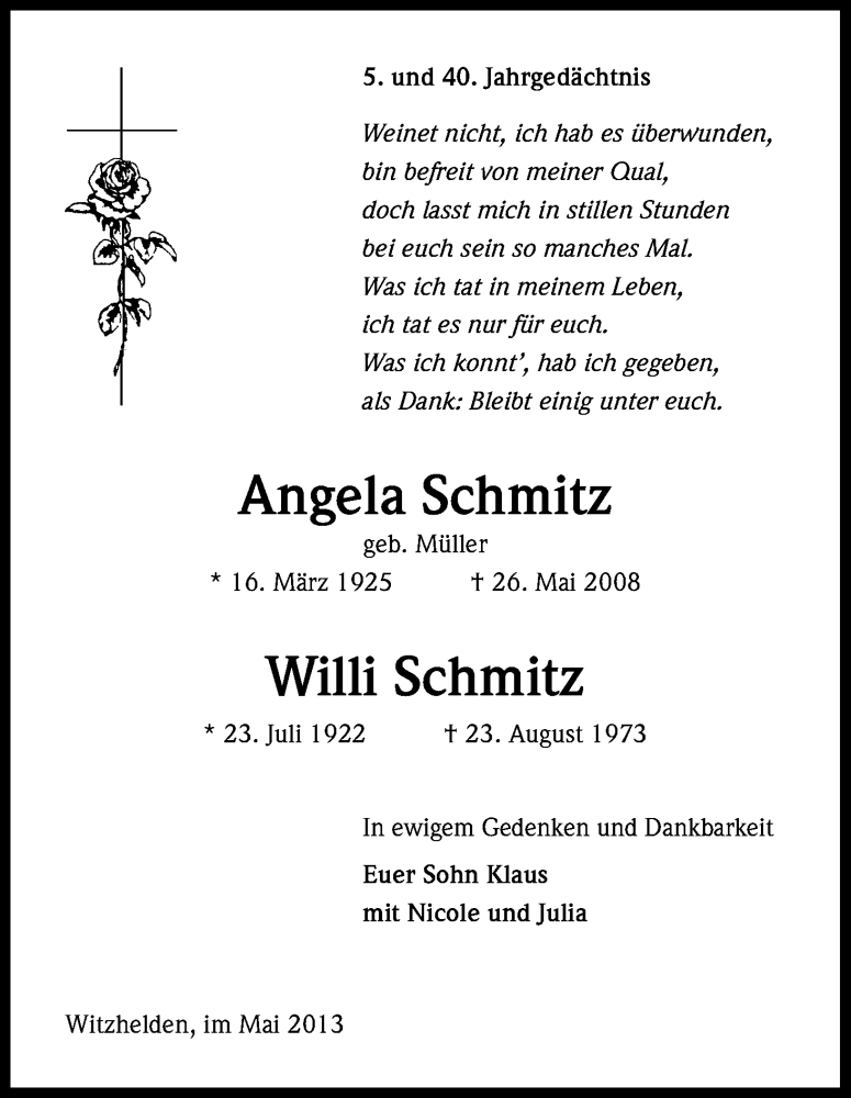  Traueranzeige für Angela Schmitz vom 25.05.2013 aus Kölner Stadt-Anzeiger / Kölnische Rundschau / Express