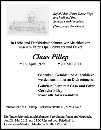Anzeige von Claus Pillep von Kölner Stadt-Anzeiger / Kölnische Rundschau / Express