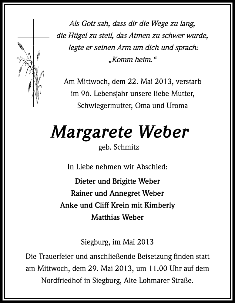  Traueranzeige für Margarete Weber vom 25.05.2013 aus Kölner Stadt-Anzeiger / Kölnische Rundschau / Express