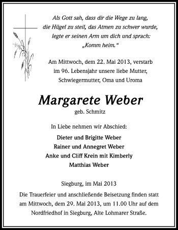 Anzeige von Margarete Weber von Kölner Stadt-Anzeiger / Kölnische Rundschau / Express