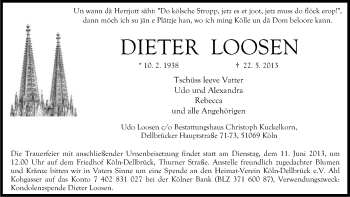 Anzeige von Dieter Loosen von Kölner Stadt-Anzeiger / Kölnische Rundschau / Express