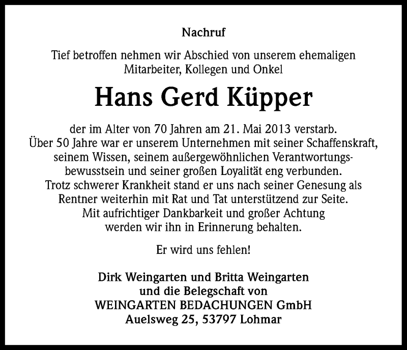  Traueranzeige für Hans Gerd Küpper vom 29.05.2013 aus Kölner Stadt-Anzeiger / Kölnische Rundschau / Express
