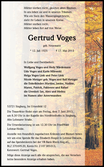 Anzeige von Gertrud Voges von Kölner Stadt-Anzeiger / Kölnische Rundschau / Express