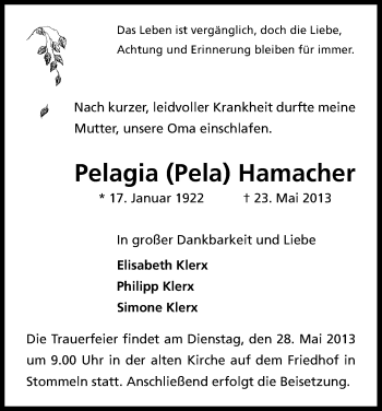 Anzeige von Pelagia Hamacher von Kölner Stadt-Anzeiger / Kölnische Rundschau / Express