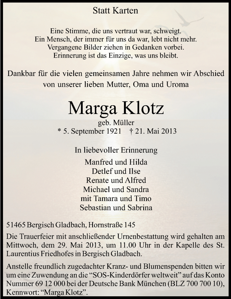  Traueranzeige für Marga Klotz vom 25.05.2013 aus Kölner Stadt-Anzeiger / Kölnische Rundschau / Express