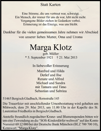 Anzeige von Marga Klotz von Kölner Stadt-Anzeiger / Kölnische Rundschau / Express