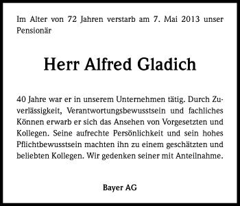 Anzeige von Alfred Gladich von Kölner Stadt-Anzeiger / Kölnische Rundschau / Express