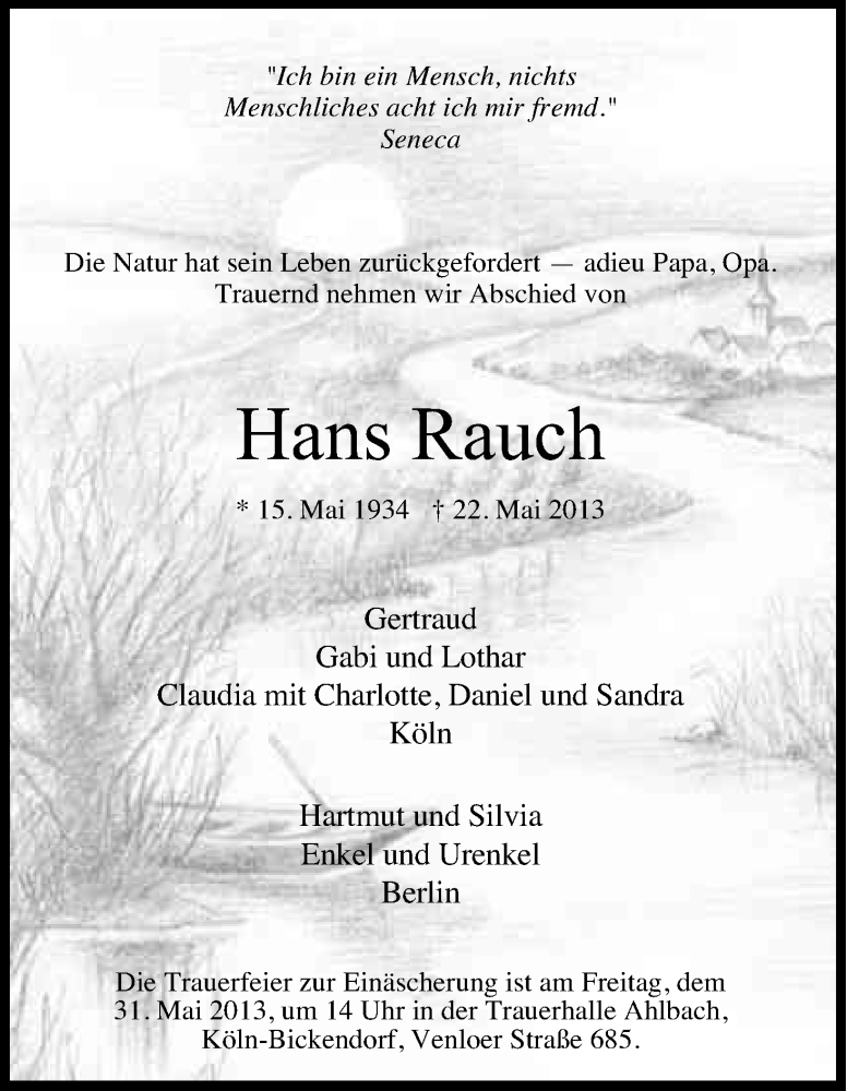  Traueranzeige für Hans Rauch vom 28.05.2013 aus Kölner Stadt-Anzeiger / Kölnische Rundschau / Express