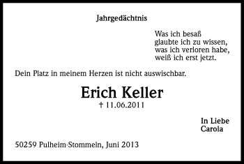 Anzeige von Erich Keller von Kölner Stadt-Anzeiger / Kölnische Rundschau / Express