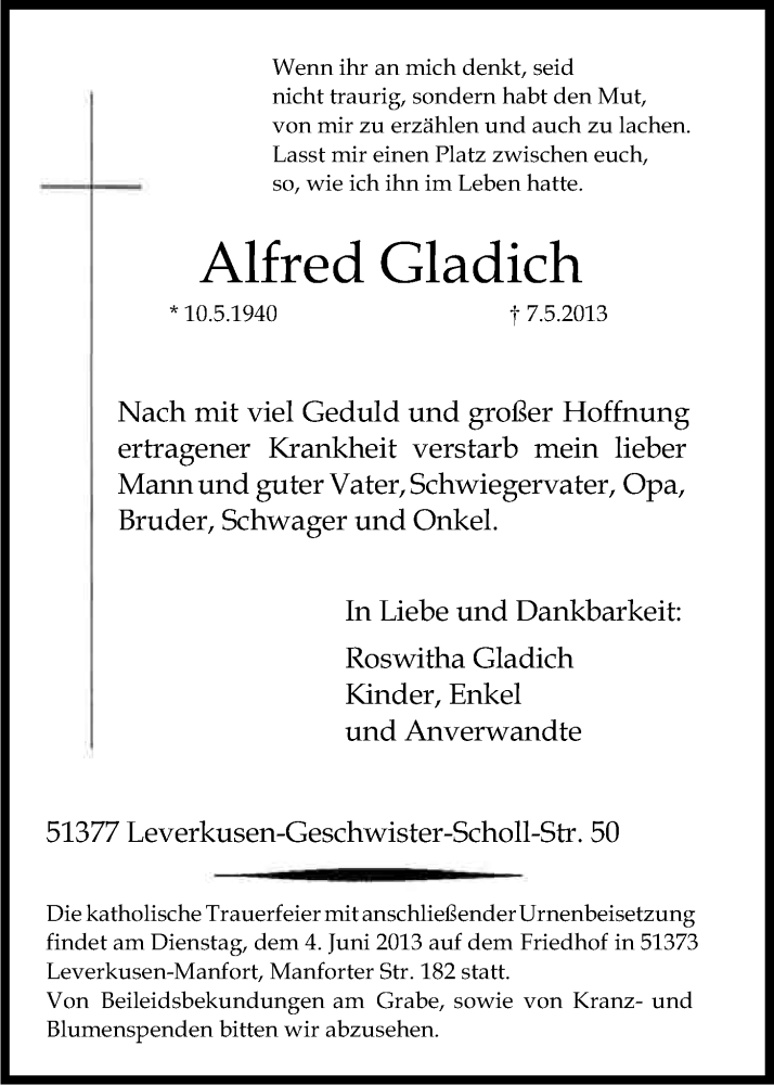  Traueranzeige für Alfred Gladich vom 29.05.2013 aus Kölner Stadt-Anzeiger / Kölnische Rundschau / Express