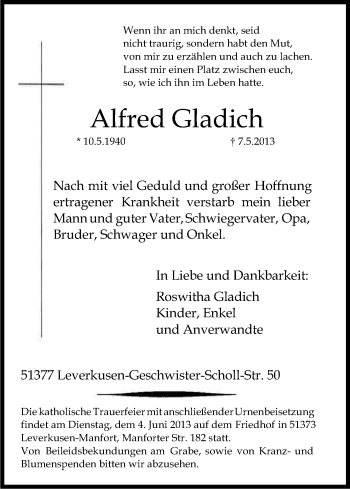 Anzeige von Alfred Gladich von Kölner Stadt-Anzeiger / Kölnische Rundschau / Express