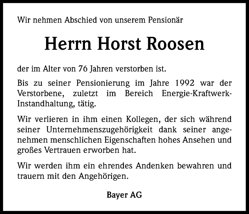  Traueranzeige für Horst Roosen vom 29.05.2013 aus Kölner Stadt-Anzeiger / Kölnische Rundschau / Express