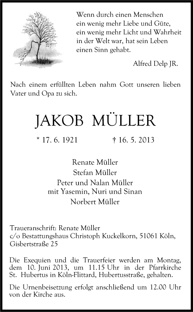  Traueranzeige für Jakob Müller vom 01.06.2013 aus Kölner Stadt-Anzeiger / Kölnische Rundschau / Express