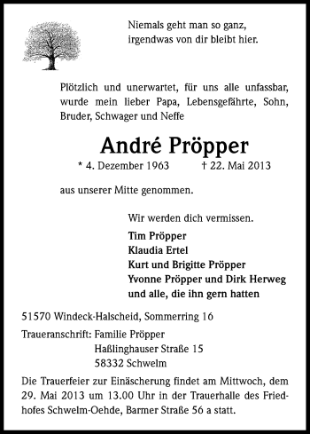 Anzeige von Andre Pröpper von Kölner Stadt-Anzeiger / Kölnische Rundschau / Express