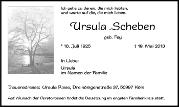 Anzeige von Ursula Scheben von Kölner Stadt-Anzeiger / Kölnische Rundschau / Express