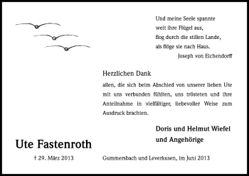 Anzeige von Ute Fastenroth von Kölner Stadt-Anzeiger / Kölnische Rundschau / Express