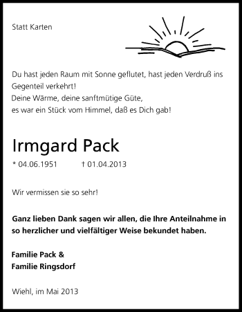 Anzeige von Irmgard Pack von Kölner Stadt-Anzeiger / Kölnische Rundschau / Express