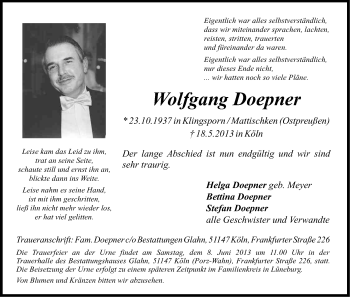 Anzeige von Wolfgang Doepner von Kölner Stadt-Anzeiger / Kölnische Rundschau / Express