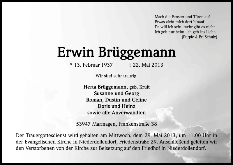  Traueranzeige für Erwin Brüggemann vom 27.05.2013 aus Kölner Stadt-Anzeiger / Kölnische Rundschau / Express