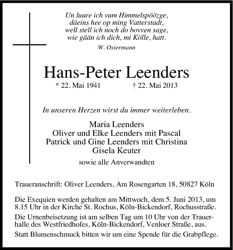  Traueranzeige für Hans-Peter Leenders vom 01.06.2013 aus Kölner Stadt-Anzeiger / Kölnische Rundschau / Express